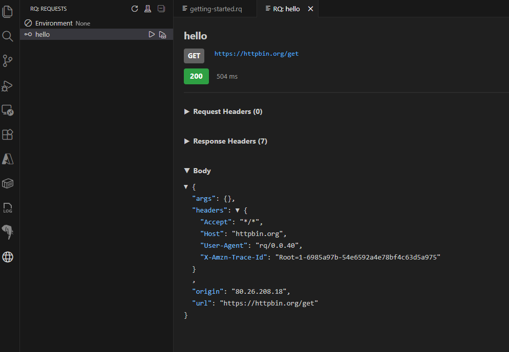 Showing the hello request response in the rq Explorer